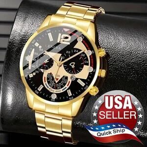Men's Fashion Wrist Watch Goldtone •Black Dial Goldtone Hands •Chronograph Style